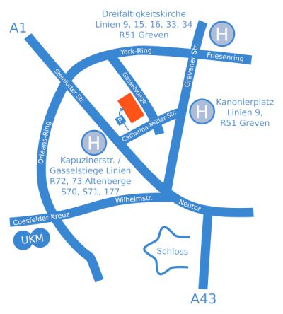 Kartenausschnitt zur Anfahrt, der den Weg zur Parkgarage des VitalCenters Münster zeigt.